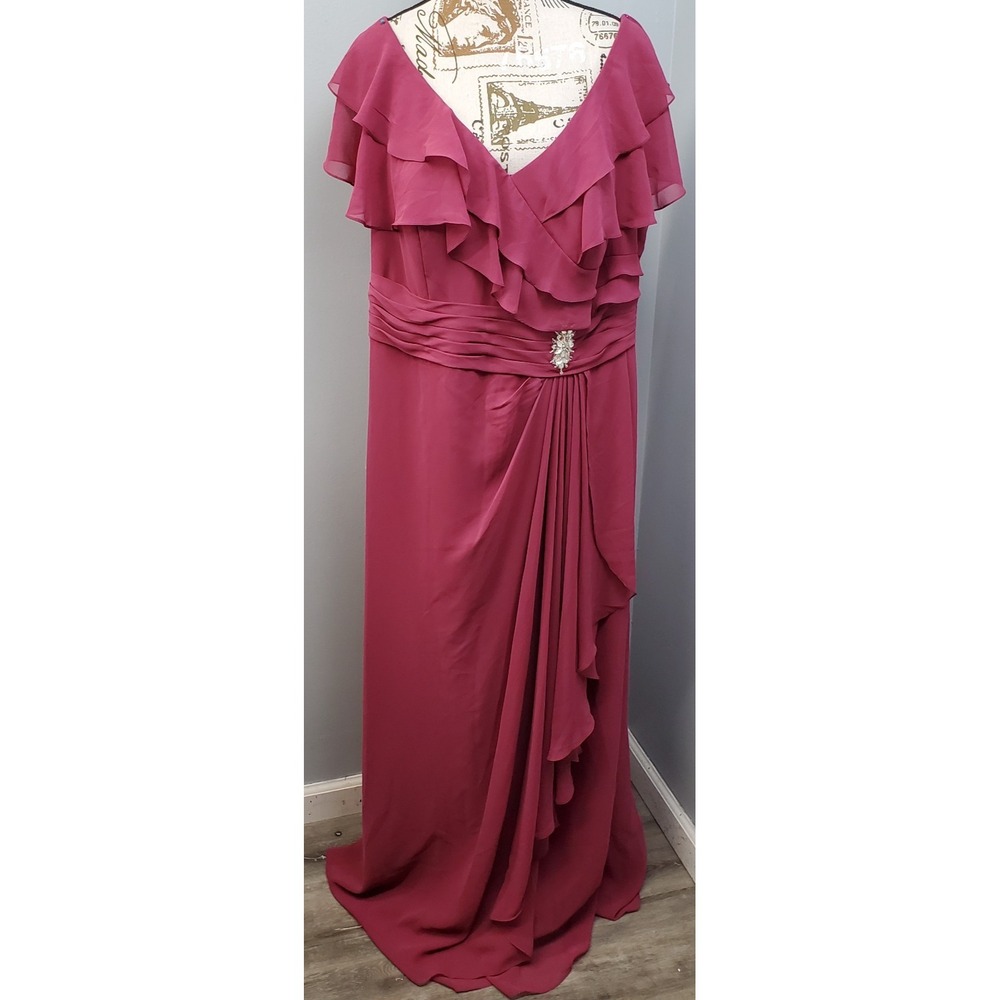 Azazie Snapdragon Mulberry A-Line Dress Womens 18 Pink Chiffon V-Neck Ruched